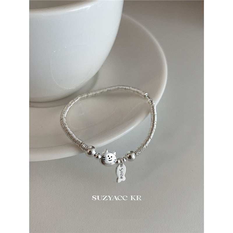 Simple bead sterling silver small plate wrapped with cat and fish bracelet, versatile and exquisite bracelet