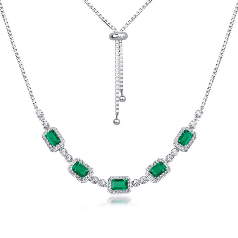 New cultivated emerald collarbone chain S925 silver inlaid colorful treasure full diamond necklace European and American retro style