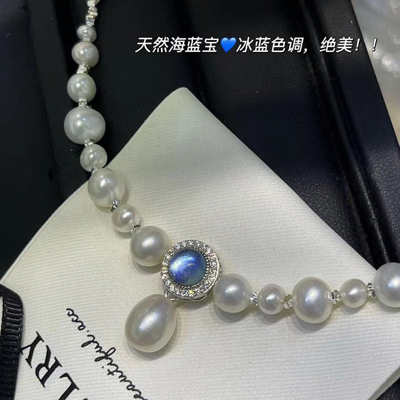 S925 pure silver necklace, aquamarine pendant accessory, natural freshwater pearl collarbone chain