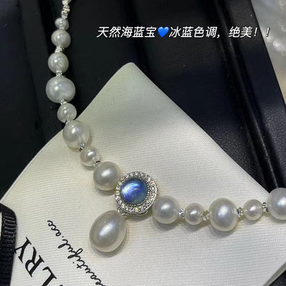 S925 pure silver necklace, aquamarine pendant accessory, natural freshwater pearl collarbone chain
