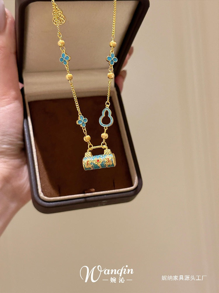 New Chinese style enamel fired blue safety lock pendant necklace