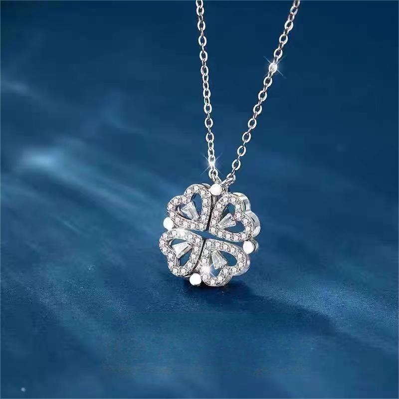 S925 pure silver heart-shaped clover necklace with flowers full of diamonds, light luxury style collarbone chain, a two piece jewelry