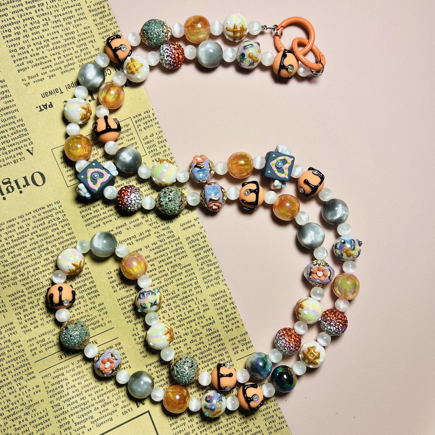 necklace  Orange diagonal hand-painted bead chain