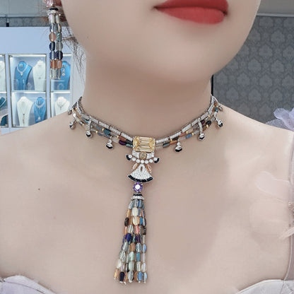 Colored rice bead tassel necklace gold-plated chain