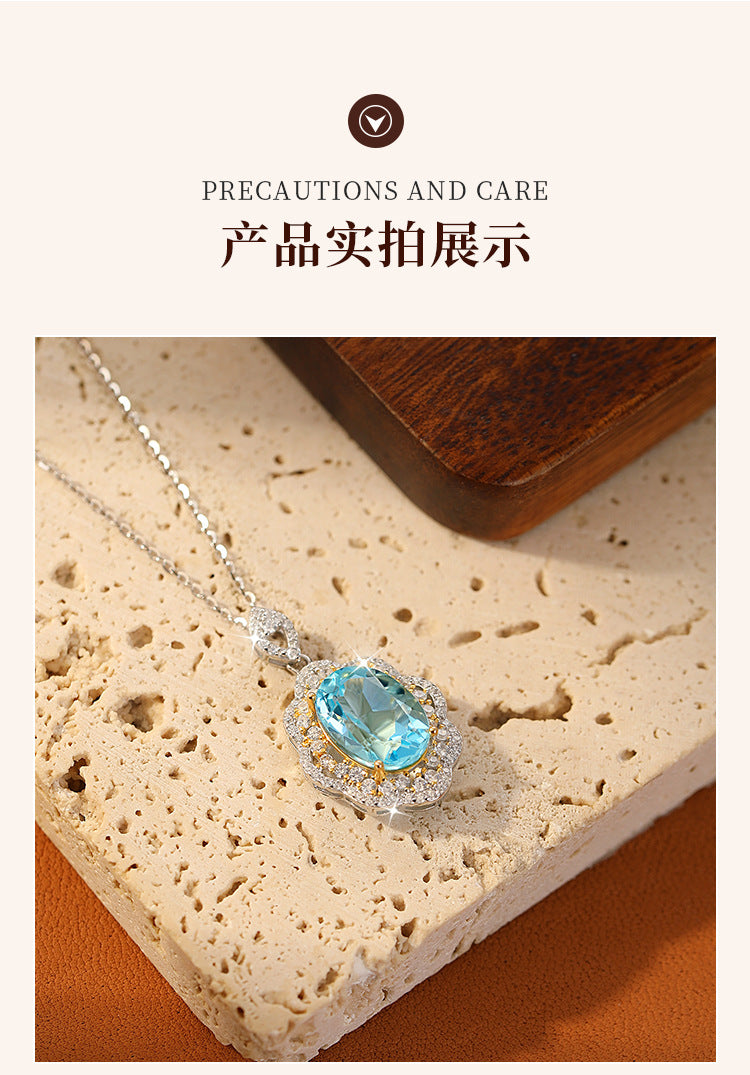 New high-end luxury pure silver s925 egg face necklace for women, set with natural color treasure sky blue topaz collarbone chain