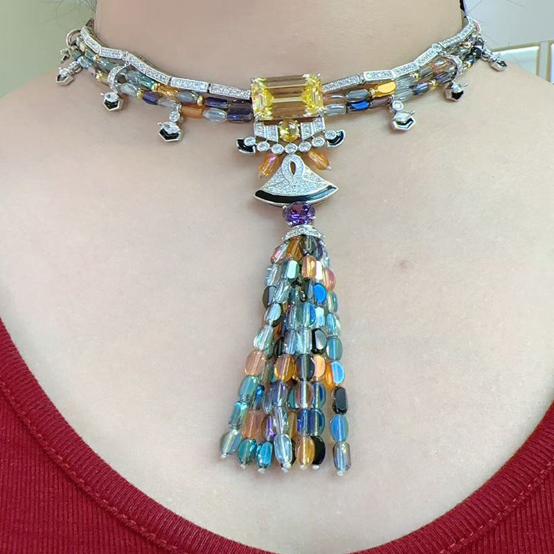 Colored rice bead tassel necklace gold-plated chain