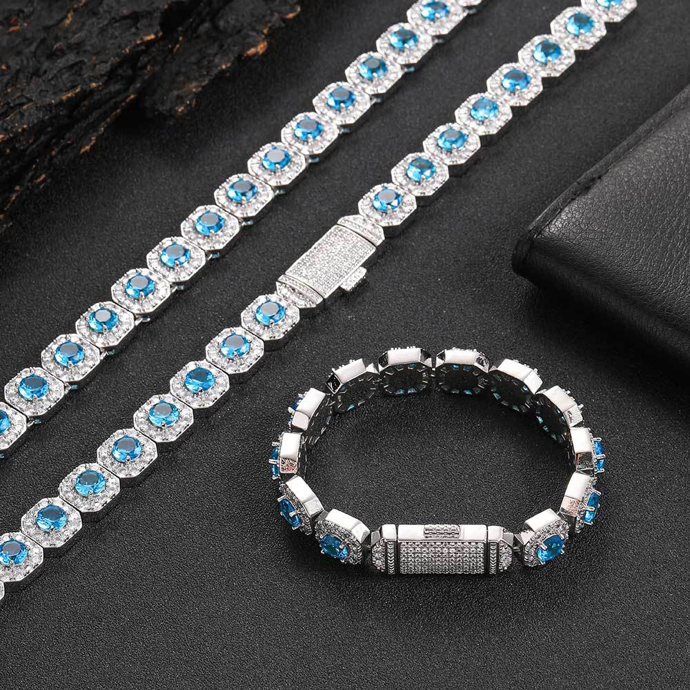 European and American trendy brand colored zircon bracelet 12mm flip button rock sugar chain hip-hop men's bracelet accessory