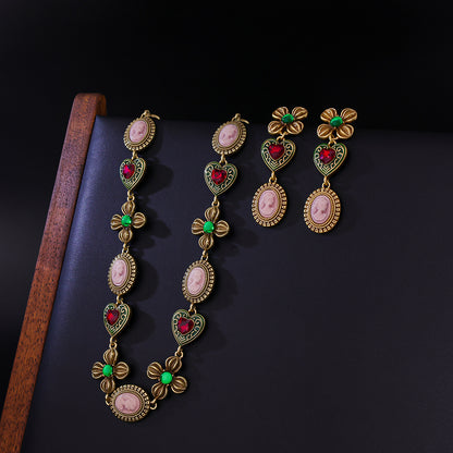 Vintage flower antique necklace, personalized retro accessory set, vintage court heart earrings