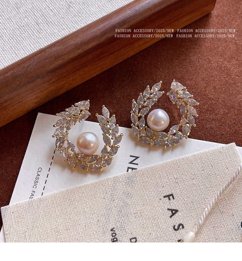 5A grade zircon wheat ear earrings with genuine gold electroplating, female S925 pure silver needle, Shijia pearl earrings, ear accessories