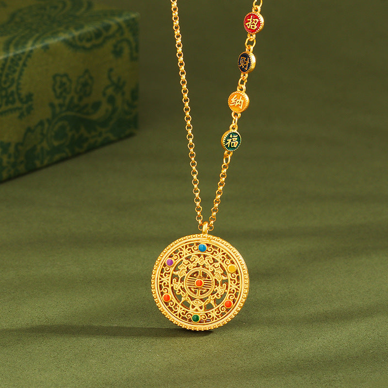 S925 pure silver eight treasure compass pendant, medieval gold flower silk, auspicious enamel, perfect and auspicious eight treasure necklace