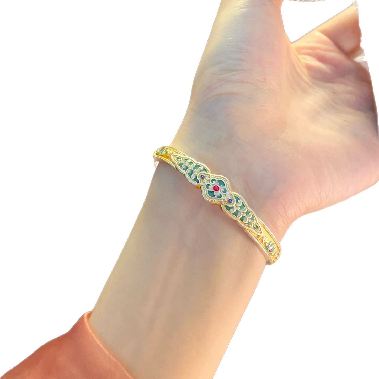 999.9 New Chinese style Palace Lotus Ruyi Bracelet with Gold Inscription and Enamel Color Opening Bracelet