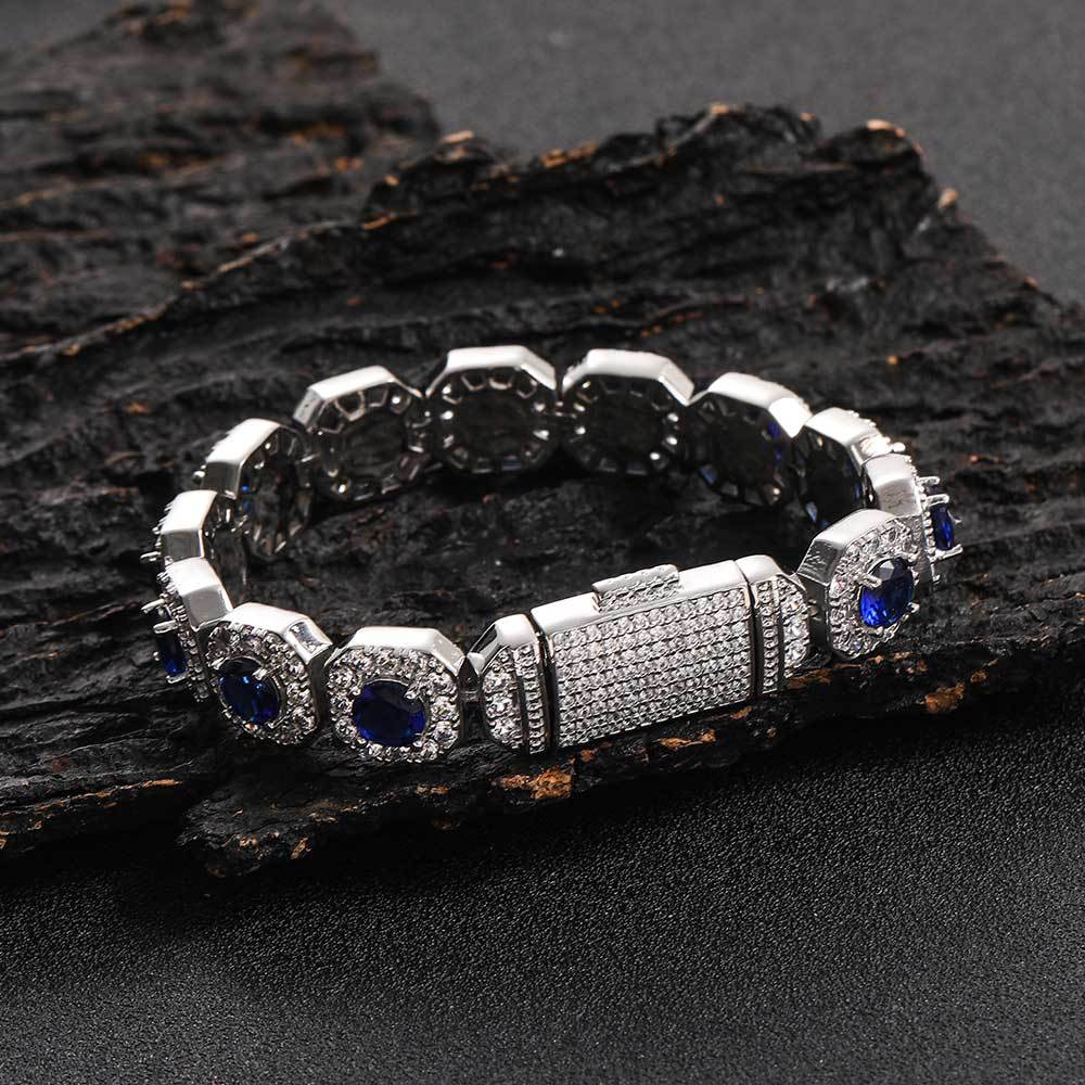 European and American trendy brand colored zircon bracelet 12mm flip button rock sugar chain hip-hop men's bracelet accessory