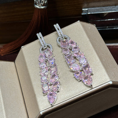 Pink square diamond water drop diamond zircon buckle earrings