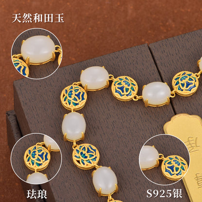 Cabaret S925 silver inlaid natural Hotan Jade bracelet lotus picking enamel China-Chic antique hand ornament