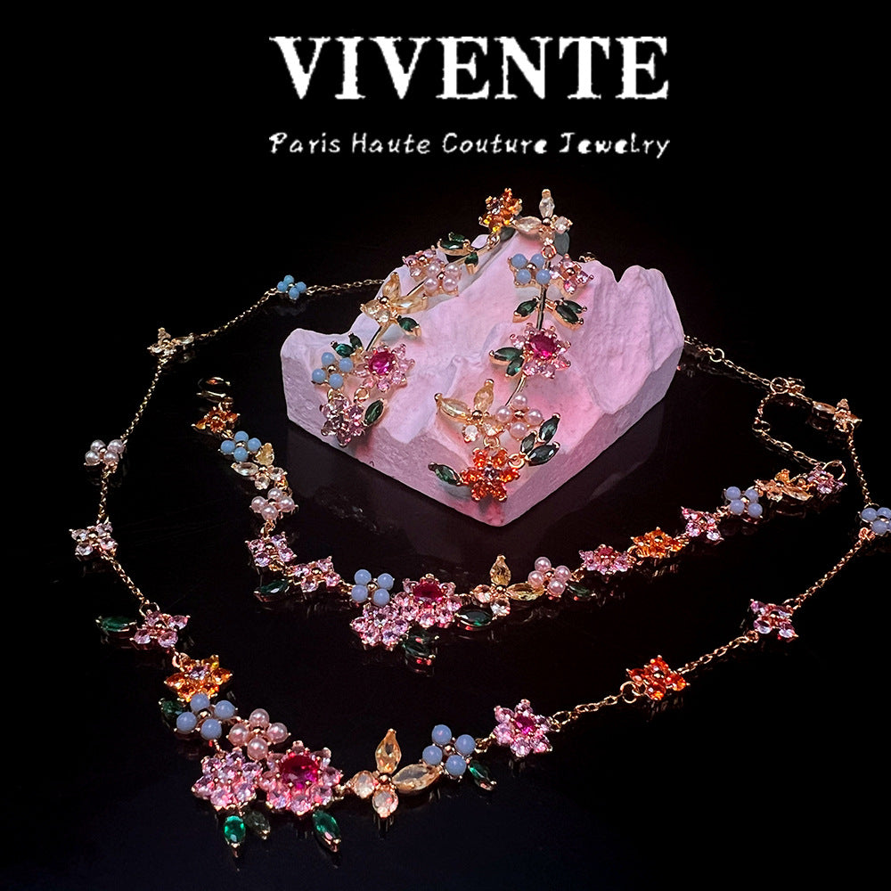 KS New Flower Colorful Jewelry Set Copper Plated 24K Necklace Bracelet Earrings