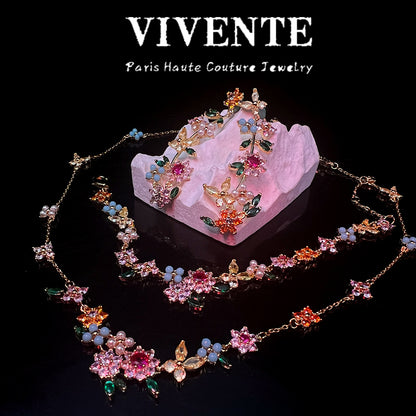 KS New Flower Colorful Jewelry Set Copper Plated 24K Necklace Bracelet Earrings