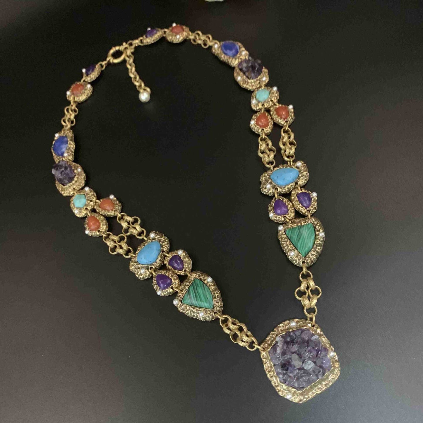 Antique natural stone made necklaces, earrings, amethyst, pine stone tassel earrings