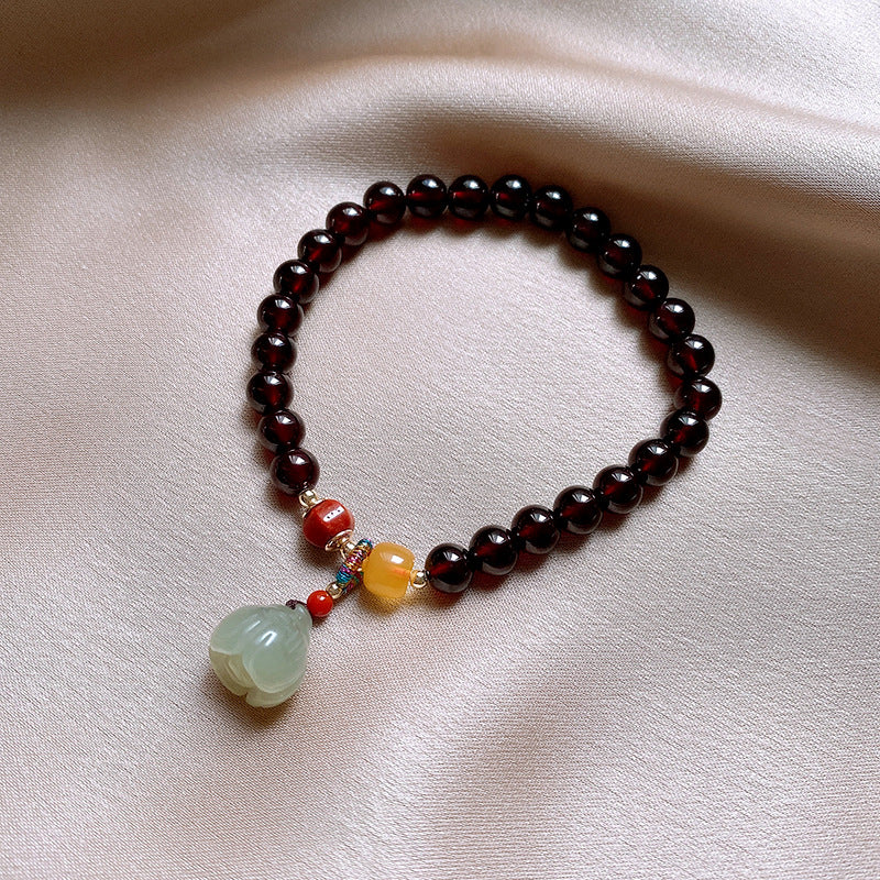 Bracelet  Hetian Jade Lotus Garnet Bearwax Bear Elastic Bracelet