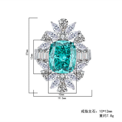 S925 Full body Silver Colored Jewelry Simulation Tourmaline Paraiba Bikou Handmade Ring 10 * 12