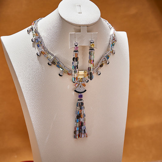 Colored rice bead tassel necklace gold-plated chain