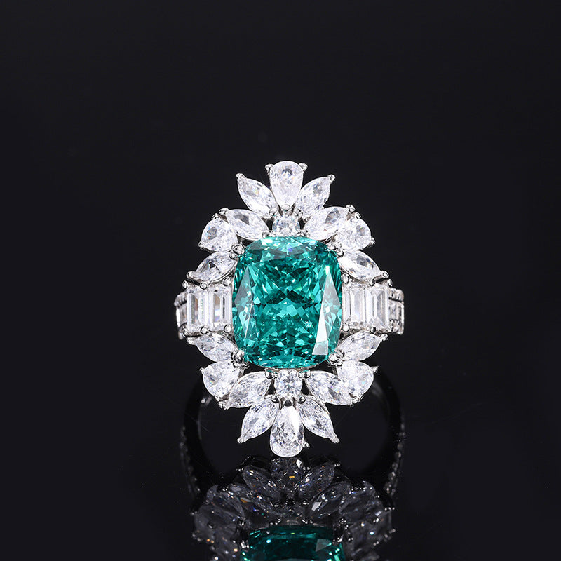 S925 Full body Silver Colored Jewelry Simulation Tourmaline Paraiba Bikou Handmade Ring 10 * 12