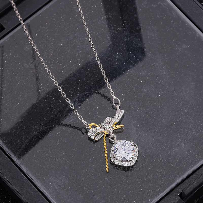 S925 pure silver romantic bow pink zircon necklace exquisite, light luxury, high-end feeling chain