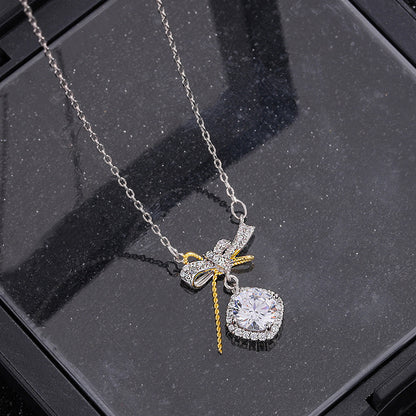 S925 pure silver romantic bow pink zircon necklace exquisite, light luxury, high-end feeling chain
