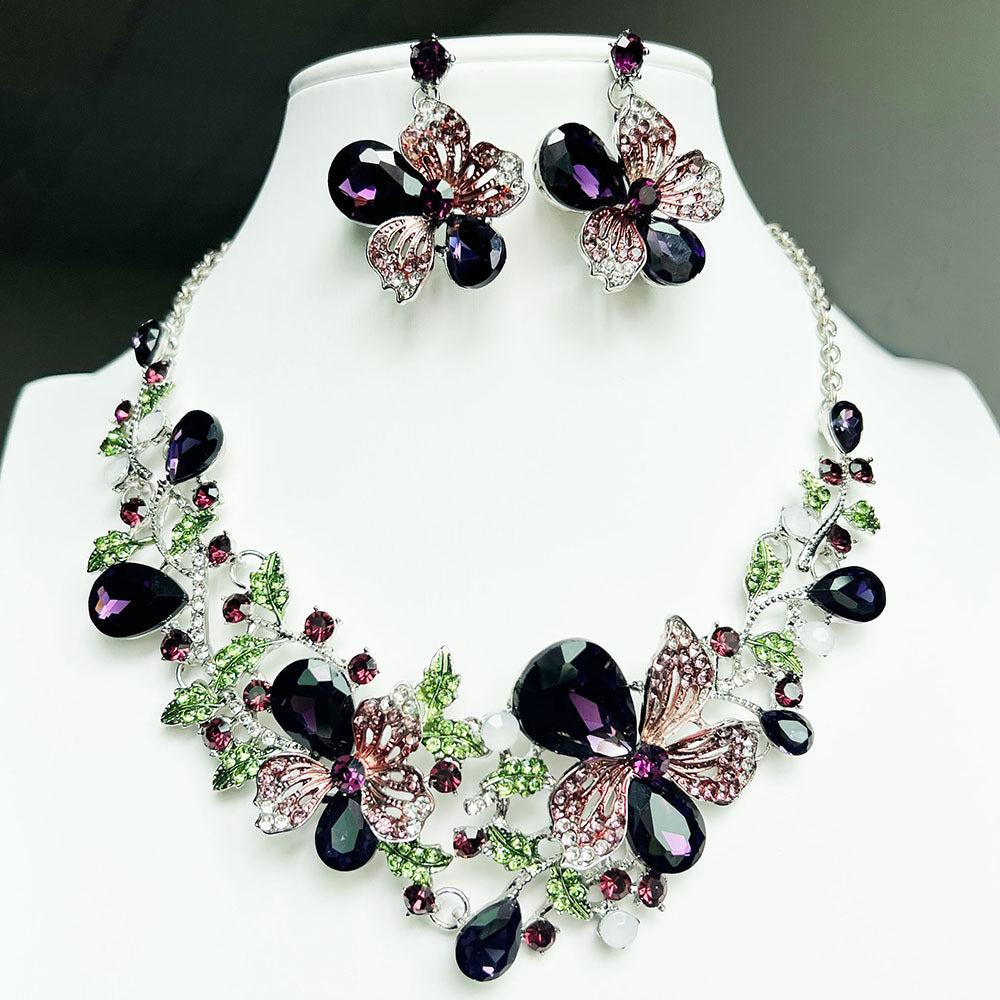 Popular European and American flower necklaces, earring sets, new colorful crystal gemstone evening dress accessories