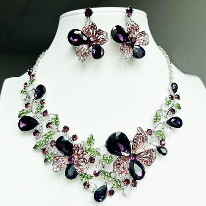 Popular European and American flower necklaces, earring sets, new colorful crystal gemstone evening dress accessories