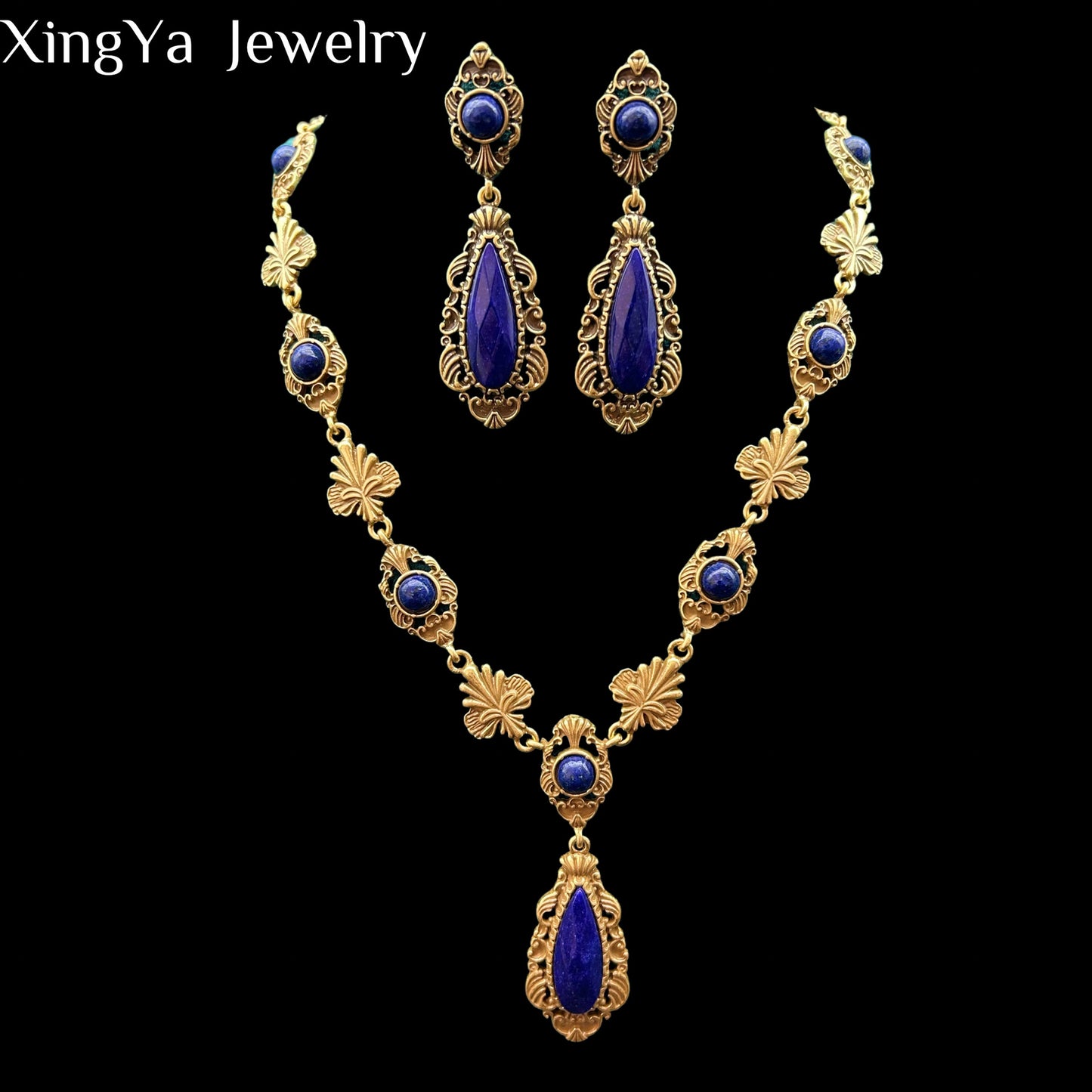 Vintage Heavy Industry Lapis Stone Inlaid with Palace Vintage Style High Quality Texture Water Drop Jewelry Set