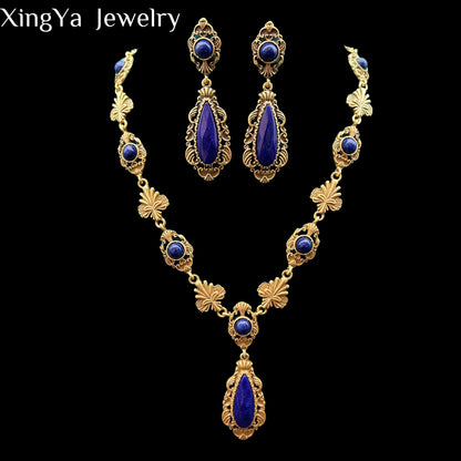 Vintage Heavy Industry Lapis Stone Inlaid with Palace Vintage Style High Quality Texture Water Drop Jewelry Set