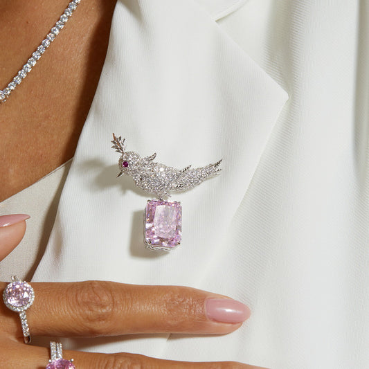 European and American S925 silver bird brooch women's ice flower cut high carbon diamond clothing accessories exquisite luxury versatile