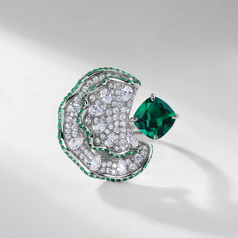 Fan shaped inlaid cultivated emerald ring S925 silver inlaid cultivated colorful treasure opening ring European and American exaggerated