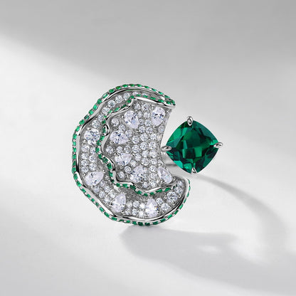 Fan shaped inlaid cultivated emerald ring S925 silver inlaid cultivated colorful treasure opening ring European and American exaggerated