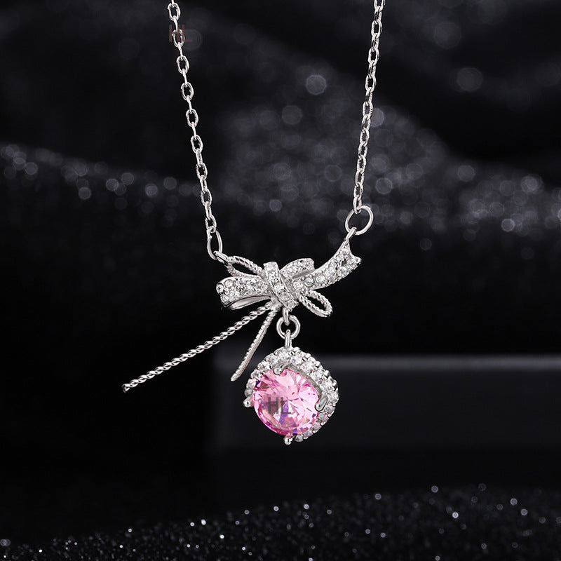 S925 pure silver romantic bow pink zircon necklace exquisite, light luxury, high-end feeling chain