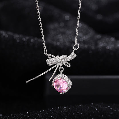 S925 pure silver romantic bow pink zircon necklace exquisite, light luxury, high-end feeling chain