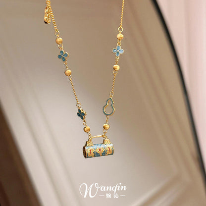 New Chinese style enamel fired blue safety lock pendant necklace