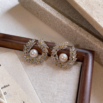 5A grade zircon wheat ear earrings with genuine gold electroplating, female S925 pure silver needle, Shijia pearl earrings, ear accessories
