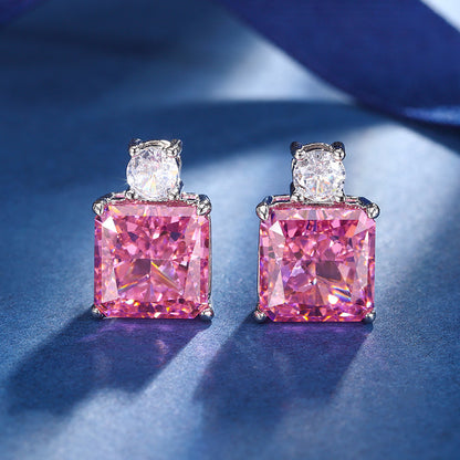 New Zhuangsheng Jewelry High Carbon Diamond Ice Flower Cut Copper Set with Princess Pink Diamond Set 12 * 12-10 * 10