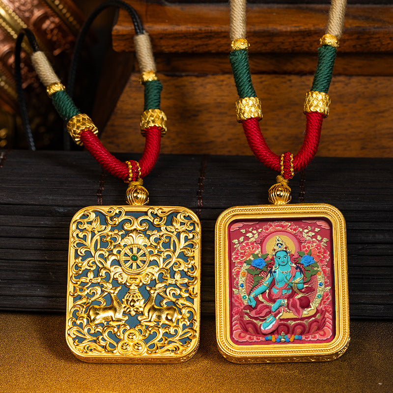 Green Tara Zakhilam Fifth Master's Past and Present Lives Necklace Hand drawn Tangka Brass Necklace