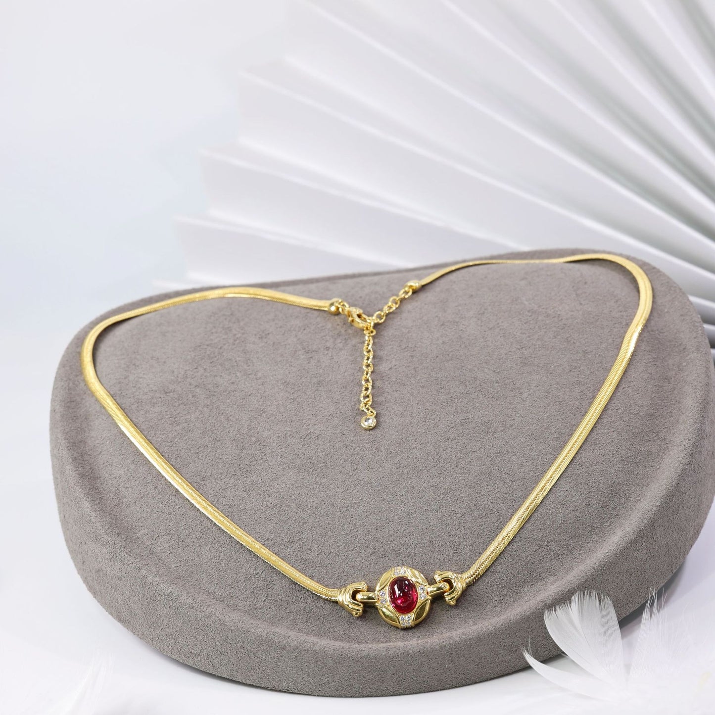 Retro cultivated plain egg shaped ruby collarbone necklace S925 silver snake bone chain versatile necklace