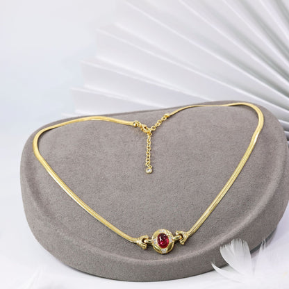 Retro cultivated plain egg shaped ruby collarbone necklace S925 silver snake bone chain versatile necklace