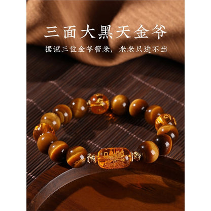 Five Road God of Wealth Natural Yellow Tiger Eye Stone Hand String Six Character Mantra Bracelet Fashion Gift