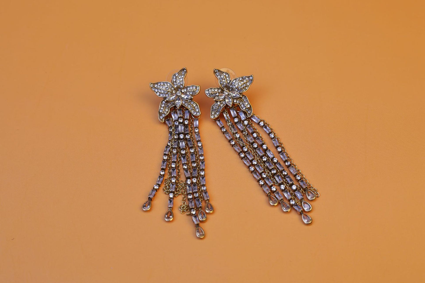 European and American exaggerated full diamond flower earrings, mid-century light luxury, vintage earrings, crystal star tassel earrings