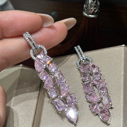 Pink square diamond water drop diamond zircon buckle earrings