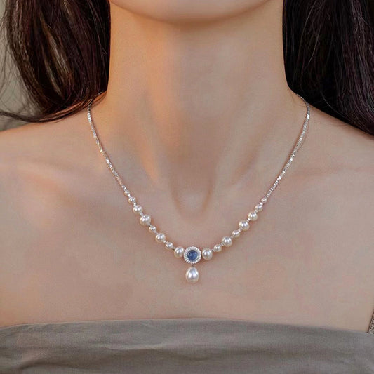 S925 pure silver necklace, aquamarine pendant accessory, natural freshwater pearl collarbone chain