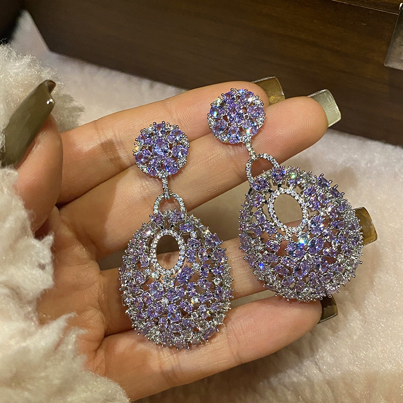 Retro round purple diamond inlaid earrings, fashionable and versatile earrings, silver needle earrings