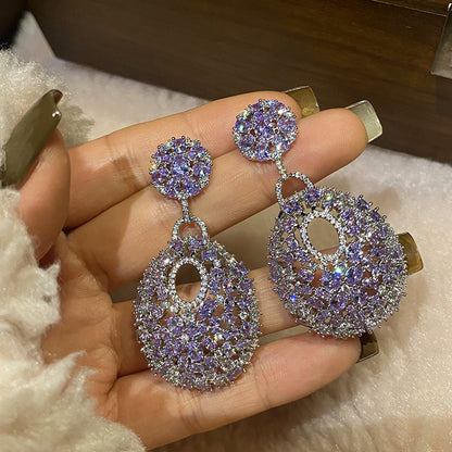 Retro round purple diamond inlaid earrings, fashionable and versatile earrings, silver needle earrings