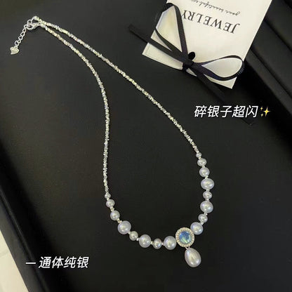 S925 pure silver necklace, aquamarine pendant accessory, natural freshwater pearl collarbone chain