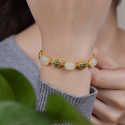 Cabaret S925 silver inlaid natural Hotan Jade bracelet lotus picking enamel China-Chic antique hand ornament